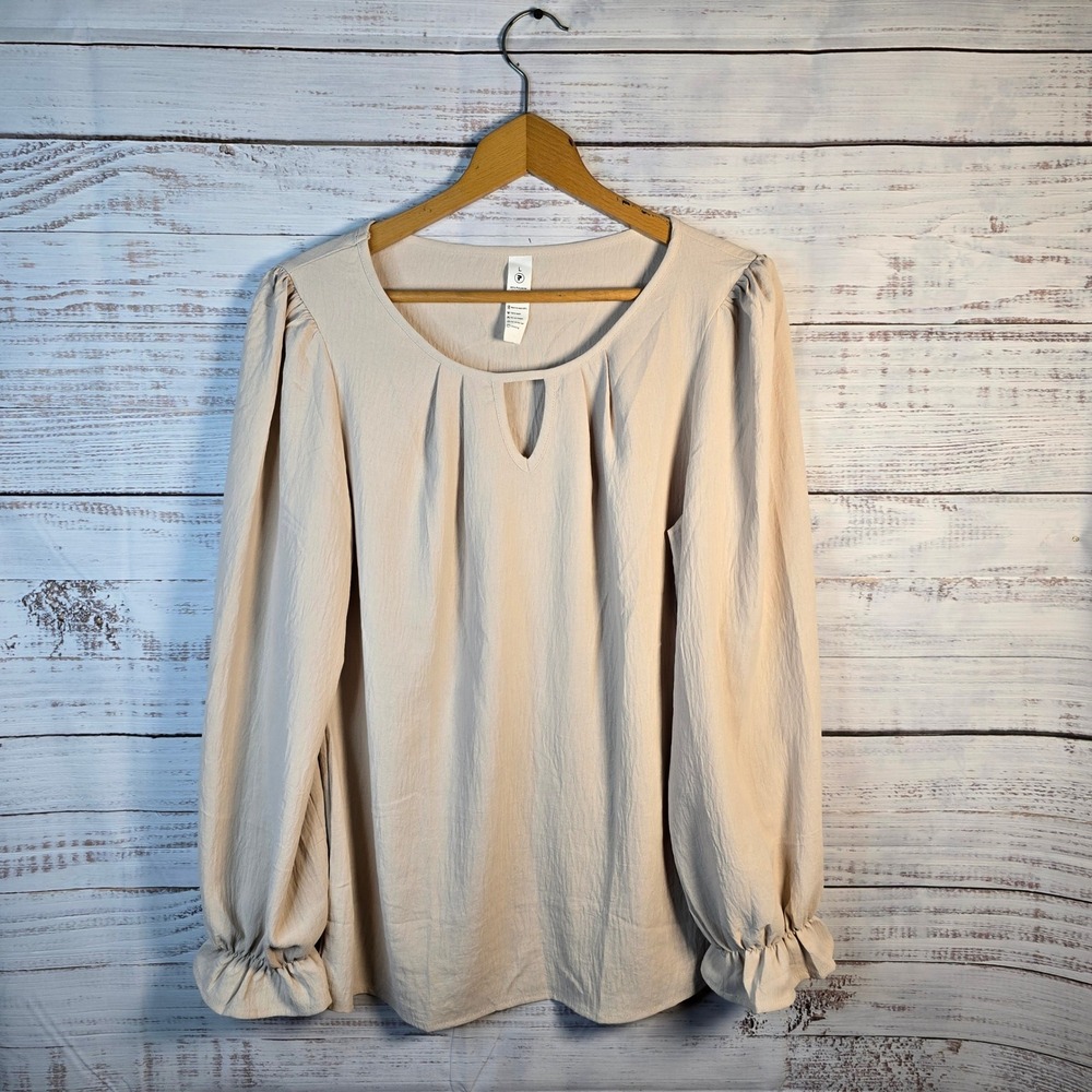 Cream Puff Sleeve Keyhole Blouse Size Large Minimalist Boho Chic Top